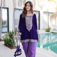 9000 Velvet Zari Coding Embroidered Top-Pant with Batwa