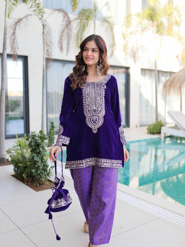 9000 Velvet Zari Coding Embroidered Top-Pant with Batwa