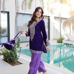 9000 Velvet Zari Coding Embroidered Top-Pant with Batwa
