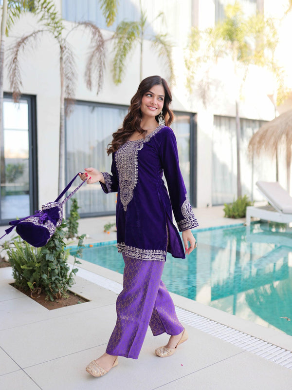 9000 Velvet Zari Coding Embroidered Top-Pant with Batwa