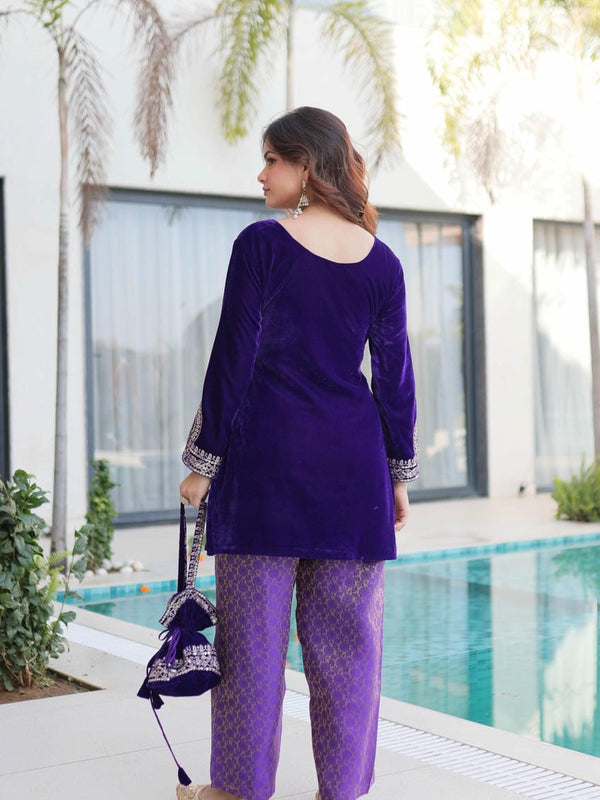 9000 Velvet Zari Coding Embroidered Top-Pant with Batwa