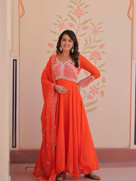 Star Georgette Sequins Beads Embroidered Umbrella Gown with Dupatta