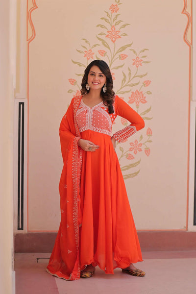 Star Georgette Sequins Beads Embroidered Umbrella Gown with Dupatta