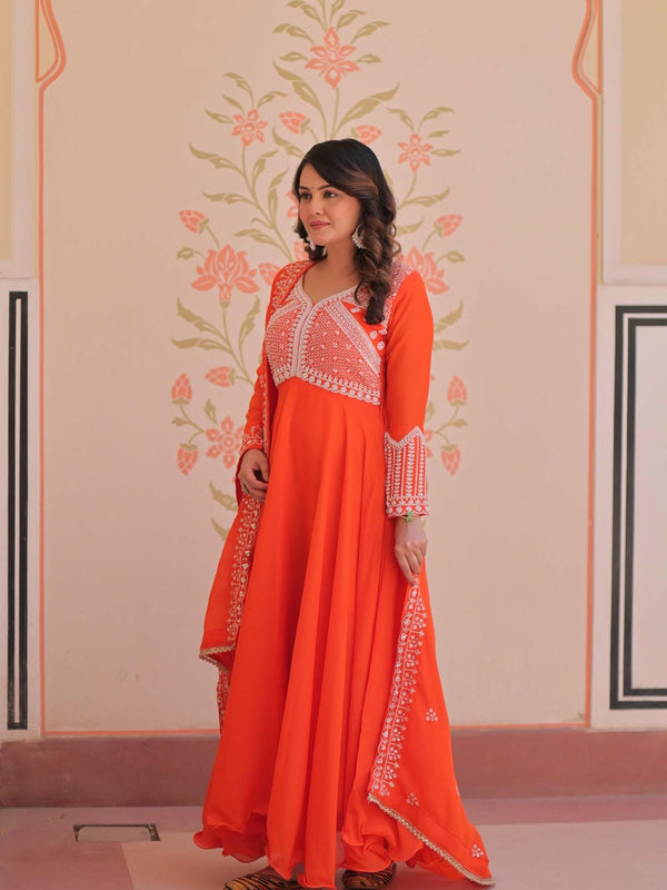 Star Georgette Sequins Beads Embroidered Umbrella Gown with Dupatta