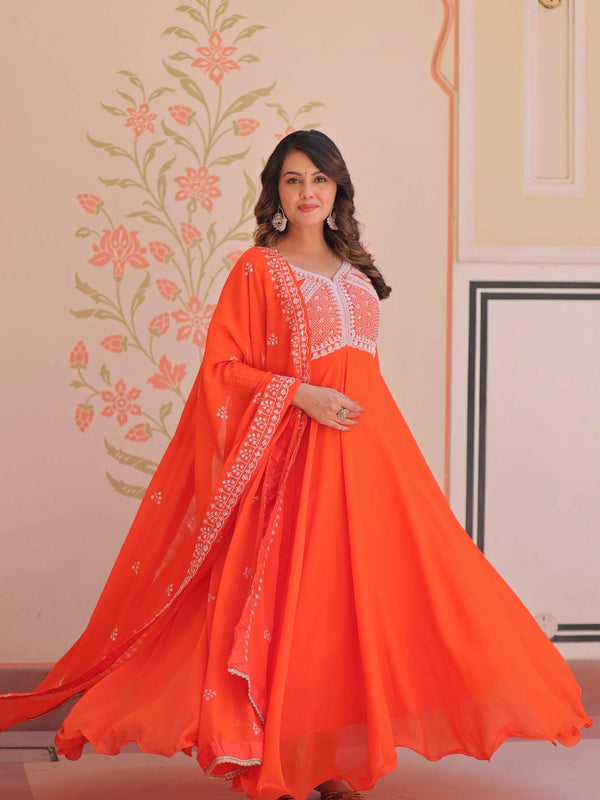 Star Georgette Sequins Beads Embroidered Umbrella Gown with Dupatta