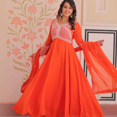 Star Georgette Sequins Beads Embroidered Umbrella Gown with Dupatta