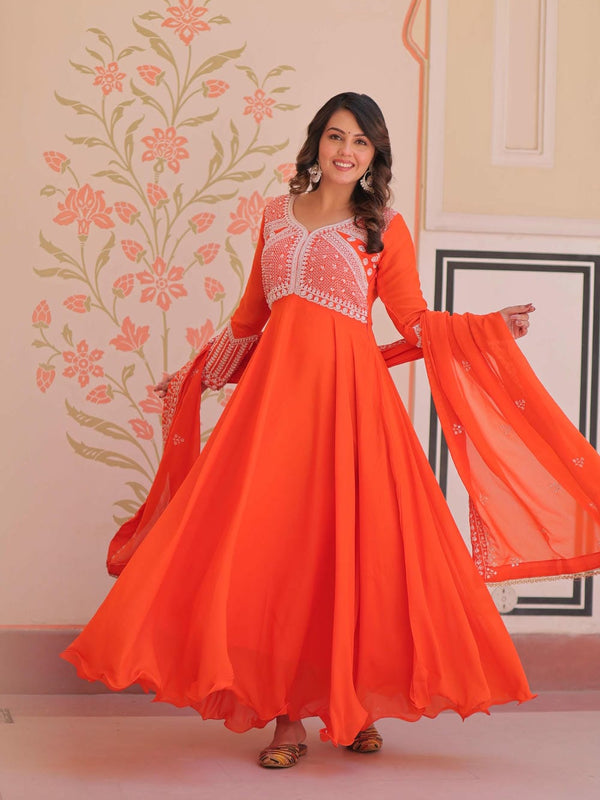 Star Georgette Sequins Beads Embroidered Umbrella Gown with Dupatta