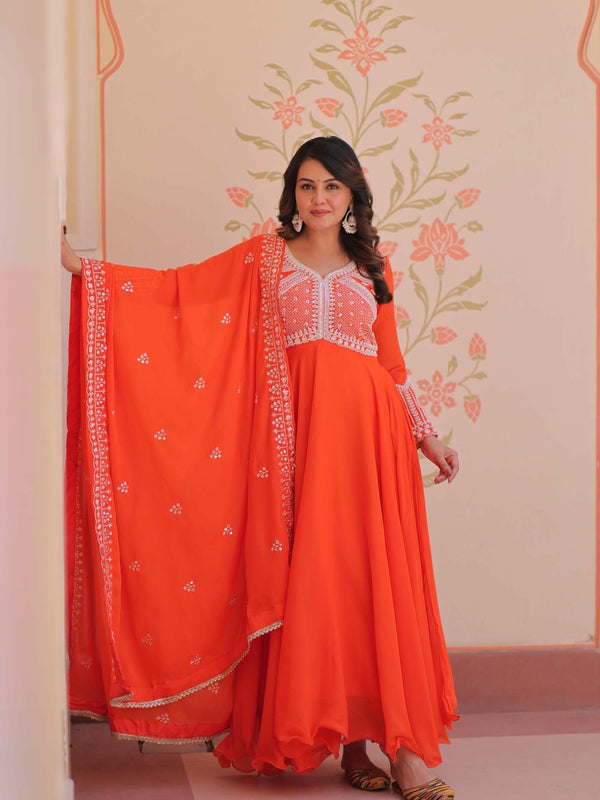 Star Georgette Sequins Beads Embroidered Umbrella Gown with Dupatta