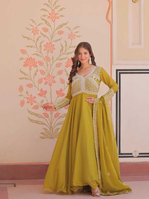 Star Georgette Sequins Beads Embroidered Umbrella Gown with Dupatta