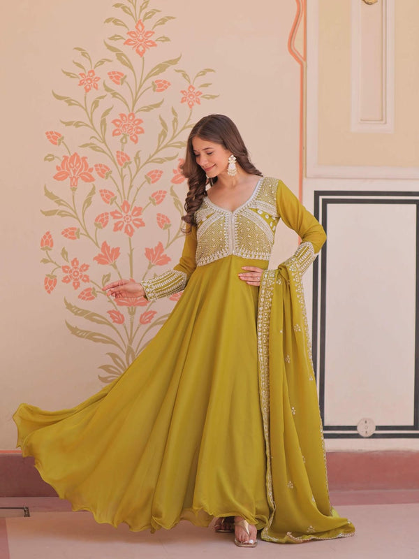Star Georgette Sequins Beads Embroidered Umbrella Gown with Dupatta