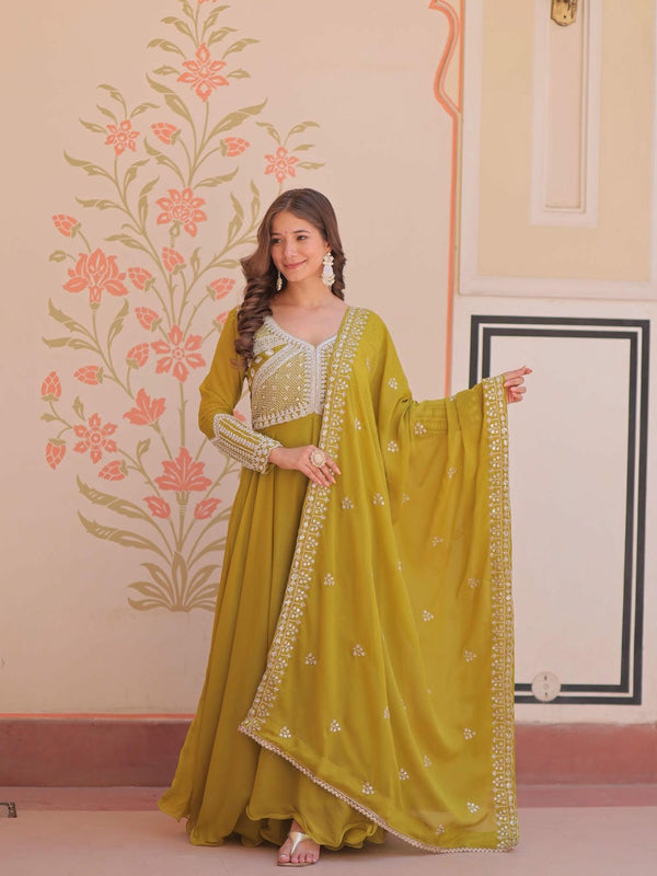 Star Georgette Sequins Beads Embroidered Umbrella Gown with Dupatta