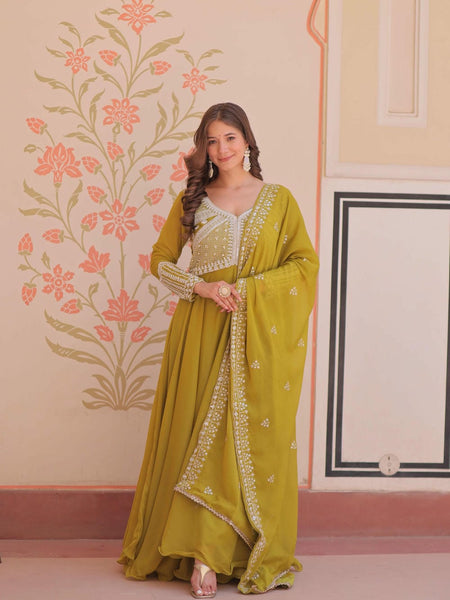 Star Georgette Sequins Beads Embroidered Umbrella Gown with Dupatta