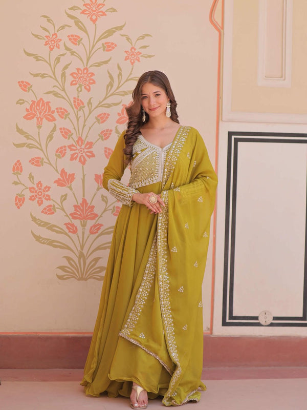 Star Georgette Sequins Beads Embroidered Umbrella Gown with Dupatta