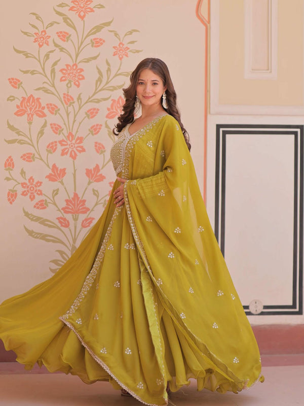 Star Georgette Sequins Beads Embroidered Umbrella Gown with Dupatta
