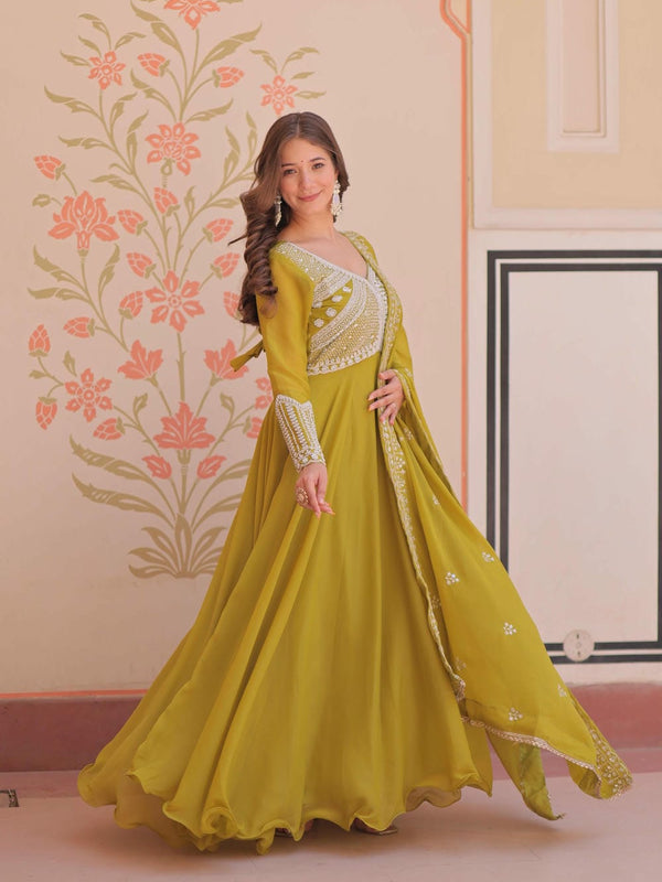 Star Georgette Sequins Beads Embroidered Umbrella Gown with Dupatta