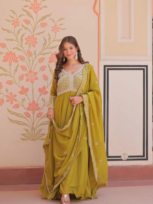 Star Georgette Sequins Beads Embroidered Umbrella Gown with Dupatta