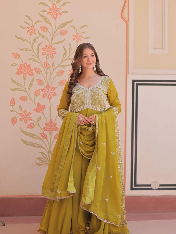 Star Georgette Sequins Beads Embroidered Umbrella Gown with Dupatta