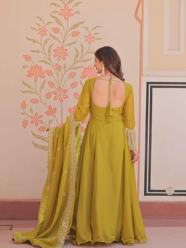Star Georgette Sequins Beads Embroidered Umbrella Gown with Dupatta