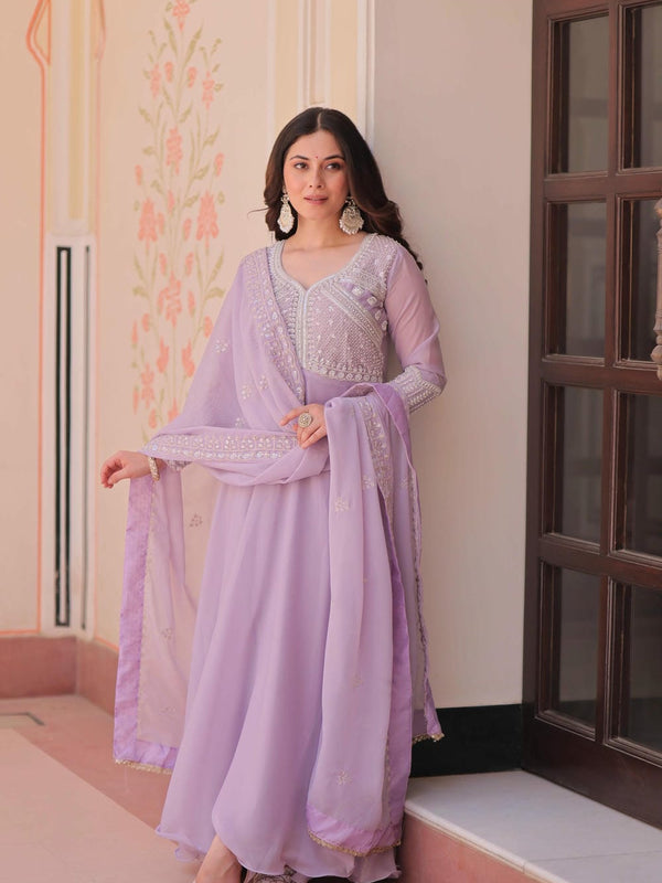 Star Georgette Sequins Beads Embroidered Umbrella Gown with Dupatta