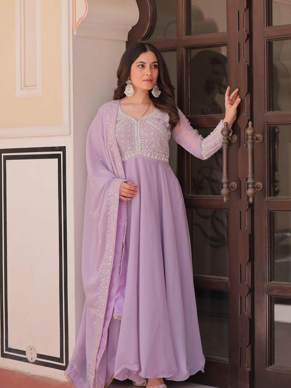 Star Georgette Sequins Beads Embroidered Umbrella Gown with Dupatta