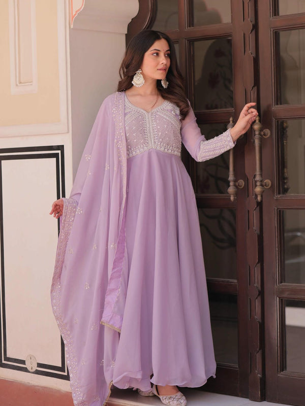Star Georgette Sequins Beads Embroidered Umbrella Gown with Dupatta
