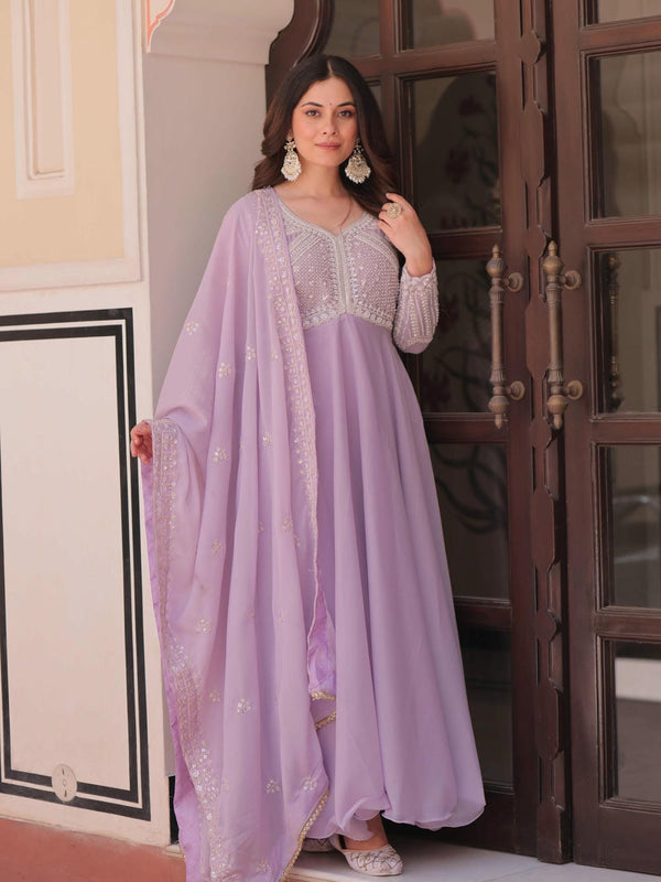 Star Georgette Sequins Beads Embroidered Umbrella Gown with Dupatta