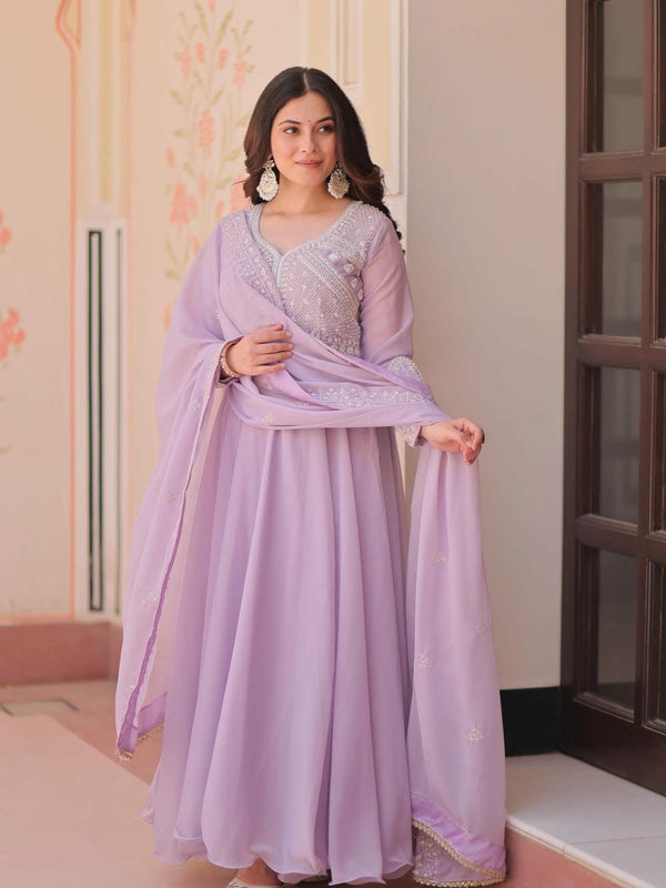 Star Georgette Sequins Beads Embroidered Umbrella Gown with Dupatta