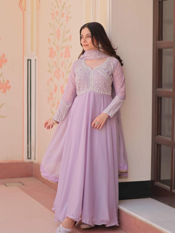 Star Georgette Sequins Beads Embroidered Umbrella Gown with Dupatta
