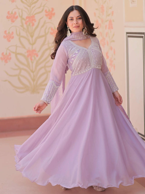 Star Georgette Sequins Beads Embroidered Umbrella Gown with Dupatta