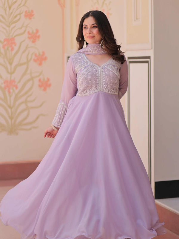 Star Georgette Sequins Beads Embroidered Umbrella Gown with Dupatta