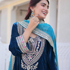 9000 Velvet Sequins Zari Embroidered Top-Pant with Dupatta