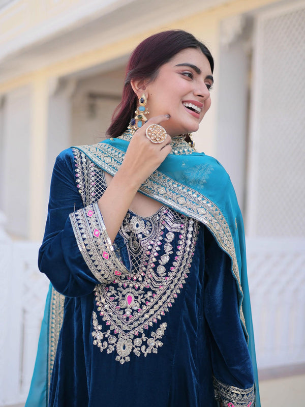 9000 Velvet Sequins Zari Embroidered Top-Pant with Dupatta
