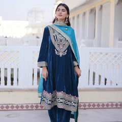 9000 Velvet Sequins Zari Embroidered Top-Pant with Dupatta