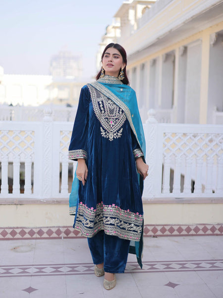 9000 Velvet Sequins Zari Embroidered Top-Pant with Dupatta