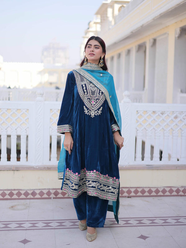 9000 Velvet Sequins Zari Embroidered Top-Pant with Dupatta