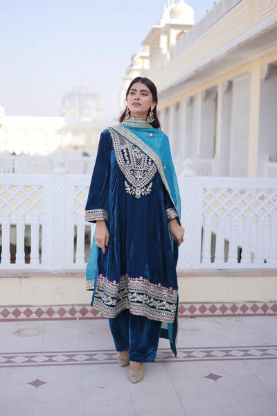 9000 Velvet Sequins Zari Embroidered Top-Pant with Dupatta