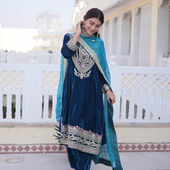 9000 Velvet Sequins Zari Embroidered Top-Pant with Dupatta