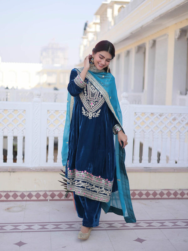 9000 Velvet Sequins Zari Embroidered Top-Pant with Dupatta