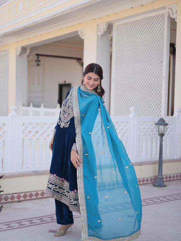 9000 Velvet Sequins Zari Embroidered Top-Pant with Dupatta