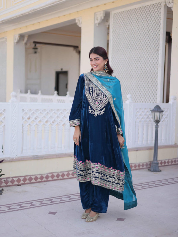 9000 Velvet Sequins Zari Embroidered Top-Pant with Dupatta