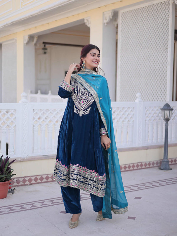 9000 Velvet Sequins Zari Embroidered Top-Pant with Dupatta