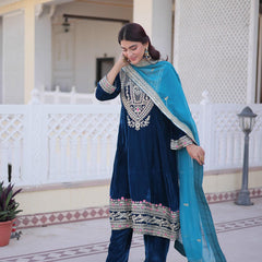 9000 Velvet Sequins Zari Embroidered Top-Pant with Dupatta