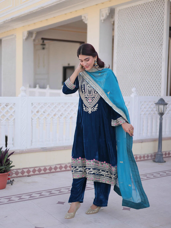 9000 Velvet Sequins Zari Embroidered Top-Pant with Dupatta