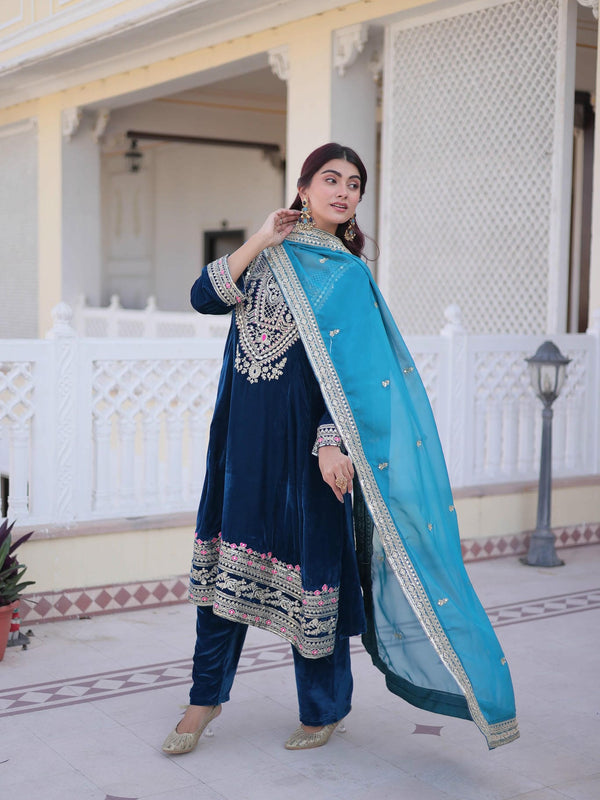 9000 Velvet Sequins Zari Embroidered Top-Pant with Dupatta