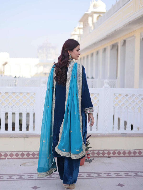 9000 Velvet Sequins Zari Embroidered Top-Pant with Dupatta
