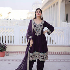 9000 Velvet Sequins Zari Embroidered Top-Pant with Dupatta