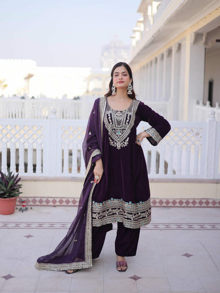 9000 Velvet Sequins Zari Embroidered Top-Pant with Dupatta