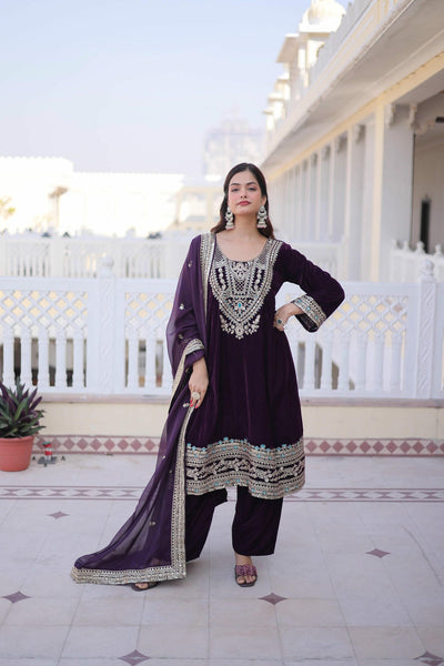 9000 Velvet Sequins Zari Embroidered Top-Pant with Dupatta