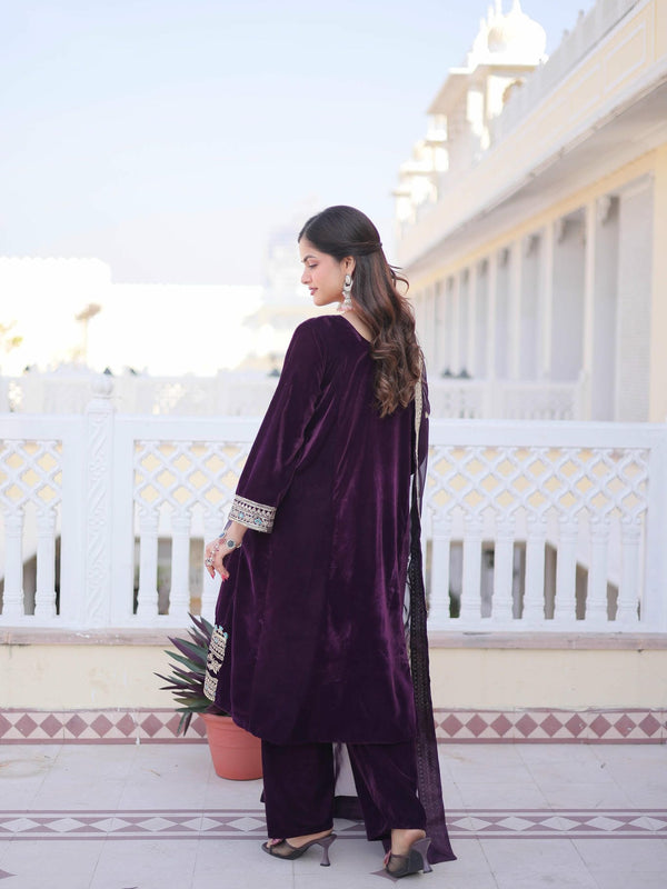 9000 Velvet Sequins Zari Embroidered Top-Pant with Dupatta