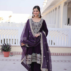 9000 Velvet Sequins Zari Embroidered Top-Pant with Dupatta